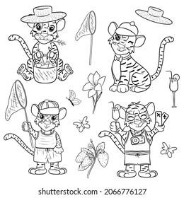 Tigre. Gran conjunto de colores. Ilustración en blanco y negro para un libro de colorear. El símbolo del año nuevo según el calendario chino. Estilo de dibujos animados vectores.