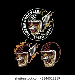 tiger biker helmet badge logo design vector