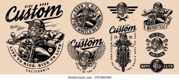 Tiger bikers monochrome emblems set in vintage style with crossed spanners and angry tiger racers in moto helmets and goggles riding motorcycles isolated vector illustration