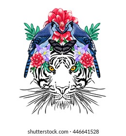 tiger and bird with flower pattern