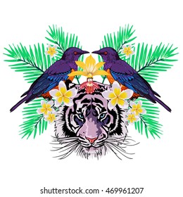 tiger and bird with flower pattern