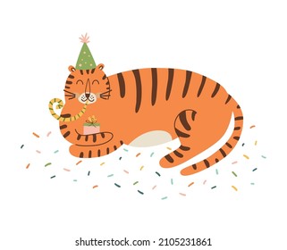 Tiger Birthday Animal. Jungle Birthday Party Graphic Element. Cute Wild Cat In Festive Hat With Party Whistle. Hand Drawn Tiger Isolated On White. Kids Vector Illustration. Cute Wild Animal.