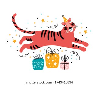Tiger birthday with gifts. Exotic cat on holiday. Hand drawn cute cartoon tiger character in a festive hat. Jungle animals wild party. Flat vector illustration. Happy birthday greeting card template