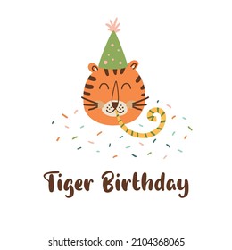 Tiger birthday logo. Jungle birthday party graphic element. Cute wild cat in festive hat with party whistle. Hand drawn tiger head isolated on white. Kids vector illustration. Decorative wild animal.