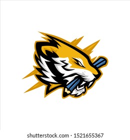 tiger bite pencil e sports logo design, vector illustration for badge or t shirt