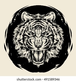 Tiger black ink vector illustration. Draw tiger in black color. Print vector illustration. Sticker draw design. T-shirt vector illustration.