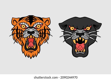 tiger and black panther illustration print on t-shirts,jacket,souvenirs or tattoo free vector