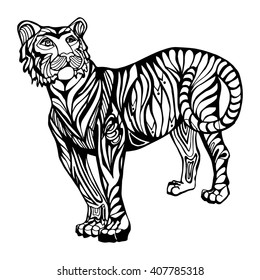 tiger, black and white drawing with patterns and ornaments. graphic vector illustration. tattoo or coloring