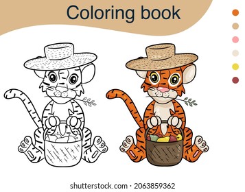 Tiger. Black and white illustration for a coloring book. The symbol of the new year according to the Chinese calendar. Vector cartoon style.