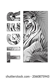Tiger black and white portrait. Monochrome design with a tiger head, eyes look straight, jungle leaves, big letters TIGER silhouettes. Abstract graphic vector flat design for t-shirt, poster, cover