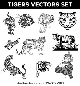 Tiger black and white set | set of vector drawings on the theme of predators tigers are drawn by hand with ink tattoo logos
