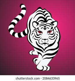 Tiger black and white vector  illustration isolated on pink background. Big wild cat. Siberian tiger or Bengal tiger. Tattoo sign. symbol of Chinese new year. animal. wildlife