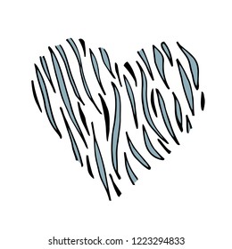 Tiger blue print skin in the shape of a heart. Vector illustration. Valentines day. Greeting card.