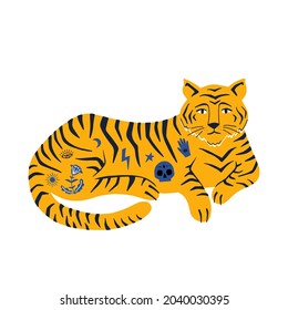 Tiger with boho tatoos. Hand drawn vector illustration. Mystical Concept.