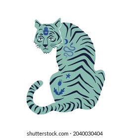 Tigre con tatoos boho. Ilustración vectorial dibujada a mano. Concepto místico.