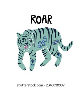Tiger with boho tatoos and roar word. Hand drawn vector illustration.