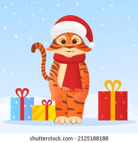 Tiger with box. Design for greeting and invitation cards. Winter holidays, christmas and new year. Chinese traditions. Poster or banner, graphic element for site. Cartoon flat vector illustration