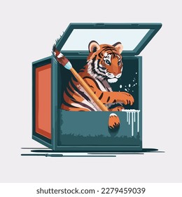 A tiger in a box with a paintbrush flat logo style