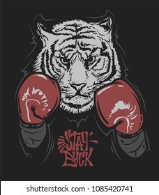 Tiger in boxing gloves and lettering, print design for t-shirt.