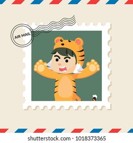 Tiger boy postage stamp on air mail envelope