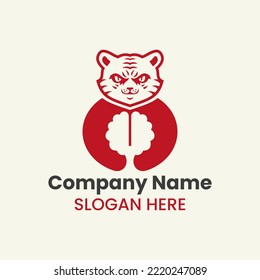 Tiger Brain Logo Negative Space Concept Vector Template. Panther Holding Brain Symbol