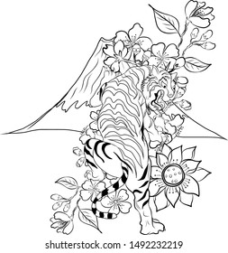Tiger and branch of sakura vector for printing on isolate white background.Traditional Japanese tiger for tattoo style.