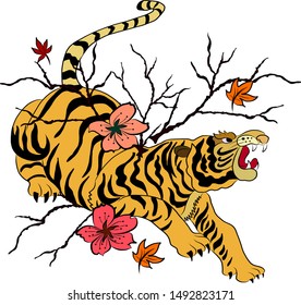 Tiger and branch of sakura vector for printing on isolate white background.Traditional Japanese tiger for tattoo style.