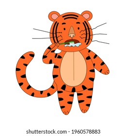 tiger brushing his teeth, cute animal. the idea of a character for a greeting card, a children is wall painting.