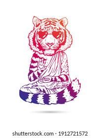 Tiger - Buddha - a monk in cool sunglasses. Buddhist in a robe. A tiger in a lotus position soars above the ground. Vector illustration isolated on white background. The symbol of the new 2022.
