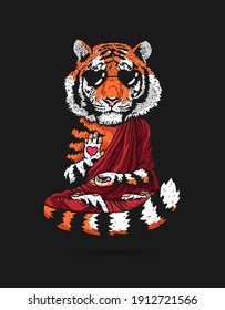 Tiger - Buddha - a monk in sunglasses. Buddhist in a burgundy robe. A tiger in a lotus position soars above the ground. Vector illustration on a black background. The symbol of the new 2022.
