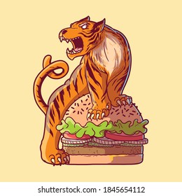 Tiger burger vector illustration. Fast food, takeaway, animal design concept