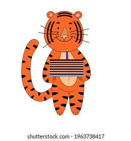 tiger with cake wishes happy birthday, cute animal.