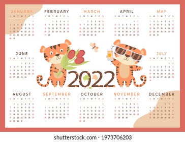 Tiger calendar 2022 with cute animals. Tiger symbol of new year 2022. Vector illustration. 12 months calendar horizontal template.  Week starts on Sunday. Stationery