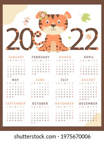 Tiger calendar for 2022. Tiger symbol of   year 2022. calendar with cute animal, flowers and butterfly. Vector. 12 months calendar vertical template In English. Week starts on Sunday