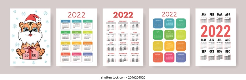 Tiger-Kalender 2022. Kollektion von Vektordesign-Vorlagen. Die Woche beginnt am Sonntag. Cartoon Chinesisches Horoskop im Neuen Jahr