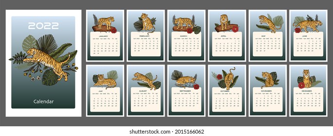 Tiger calendar cartoon printable a4 vector illustration. Chinese New year wild animal tropical design. Christmas 2022 symbol
