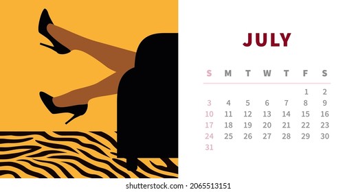 Tiger calendar design concept 2022. Horizontal page template for july. Woman legs on black leather sofa. Yellow interior with striped tiger pattern. Chinese symbol of the year.