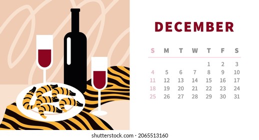 Tiger calendar design concept 2022. Horizontal page template for december. Wine and shrimps, festive dinner. Still life on striped fabric. Chinese symbol of the year. Week starts on Sunday.