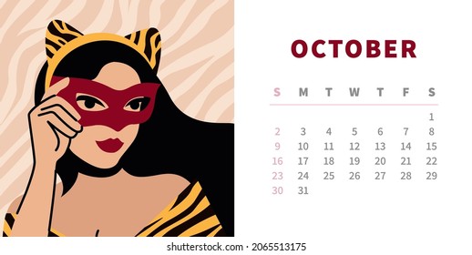 Tiger calendar design concept 2022. Horizontal page template for october. Woman in mask and cat costume, with tiger ears. Chinese symbol of the year. Week starts on Sunday.
