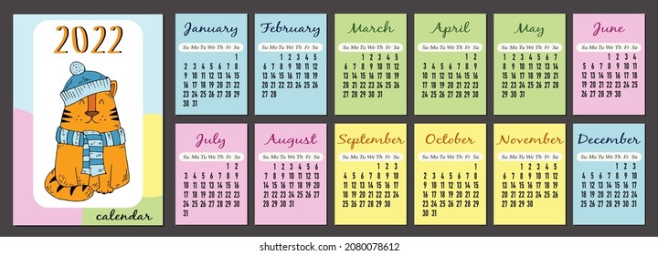 Plantilla de calendario tigre 2022, plantilla de calendario vertical 2022 en colores pastel, la semana comienza el domingo. Portada y 12 páginas A4 mensuales