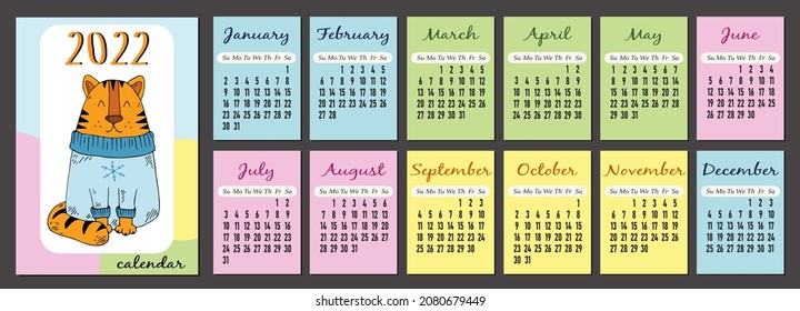 Tiger calendar template 2022, vertical calendar template 2022 in pastel colors, the week starts on Sunday. Cover and 12 monthly A4 pages
