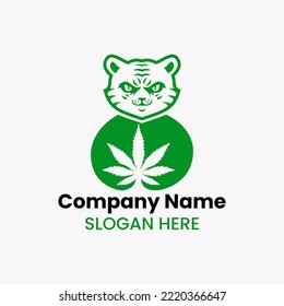 Plantilla de vectores de concepto de espacio negativo con el logotipo del cannabis del tigre. Símbolo de marihuana de marihuana
