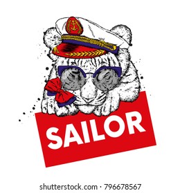Tiger in the captain's cap. Vector illustration.