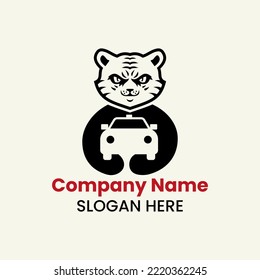 Tiger Car Logo Negative Space Concept Vector Template. Panther Holding Car Symbol