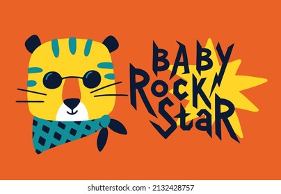Tiger card. Baby Rock Star. Vector cartoon character. Illustration on a red background for children in the style of funny doodles. Ideal for printing on baby clothes, t-shirts