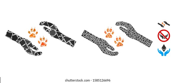 Tiger care hands icon composition of unequal parts in variable sizes and color tinges, based on tiger care hands icon. Vector unequal parts are grouped into illustration.
