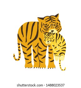 Tiger carrying its cub isolated on white background. Adorable family of cute funny wild exotic carnivorous animals. Parent with child, mother and baby. Flat cartoon childish vector illustration.