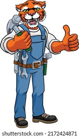 A tiger cartoon animal mascot carpenter or handyman builder construction maintenance contractor holding a hammer and giving a thumbs up
