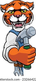 A tiger cartoon animal mascot carpenter or handyman builder construction maintenance contractor peeking around a sign holding a hammer 