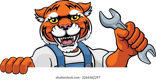 A tiger cartoon animal mascot plumber, mechanic or handyman builder construction maintenance contractor peeking around a sign holding a spanner or wrench